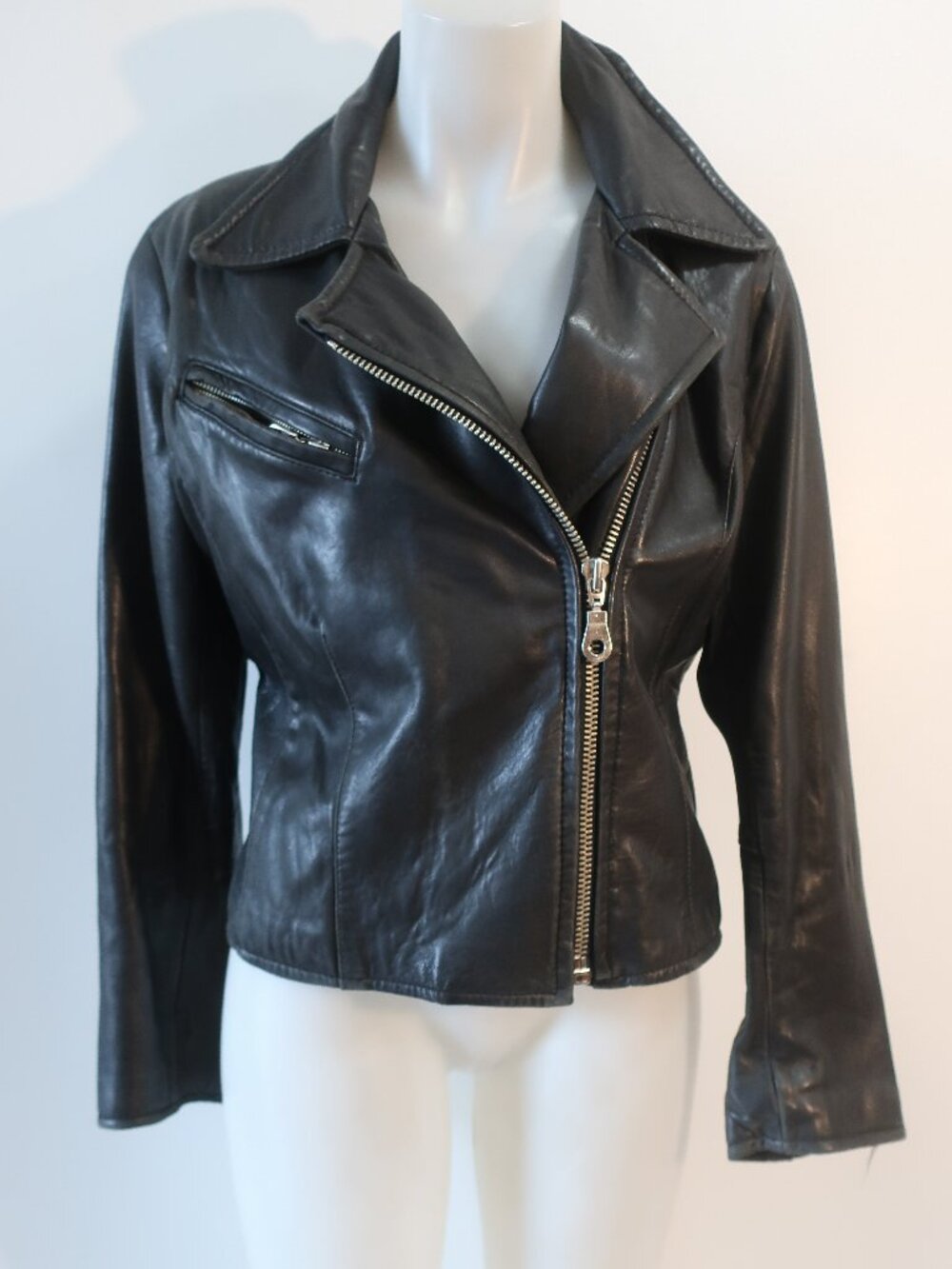 Womens Luis Alvear Black (Item-39) Full Zip Belted Leather Moto Jacket L